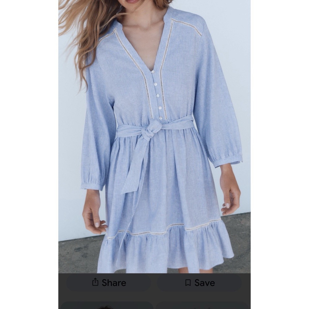 ZARA STRIPED LACE INSERTS MINI DRESS WITH LONG SLEEVES‎ Boho Sz Large